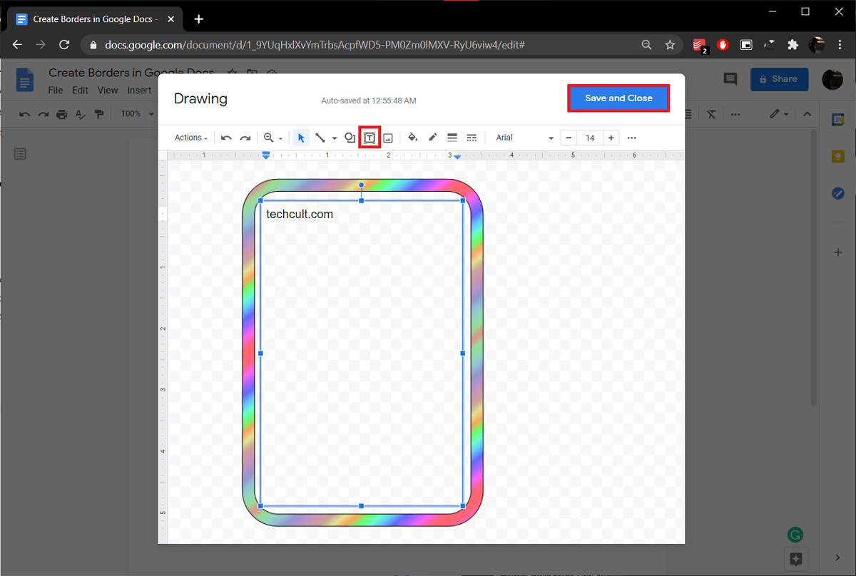 Create a Text box inside the border image and add your text.