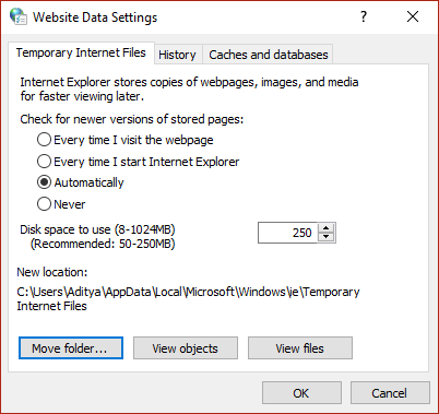Create a new folder then select that folder as Temporary Internet File location