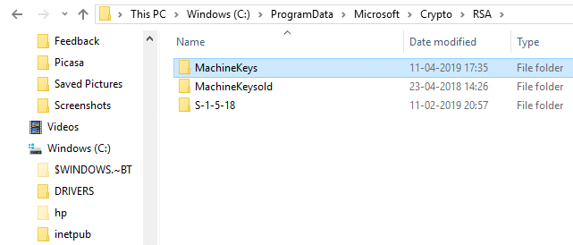 Create a new folder with name MachineKeys
