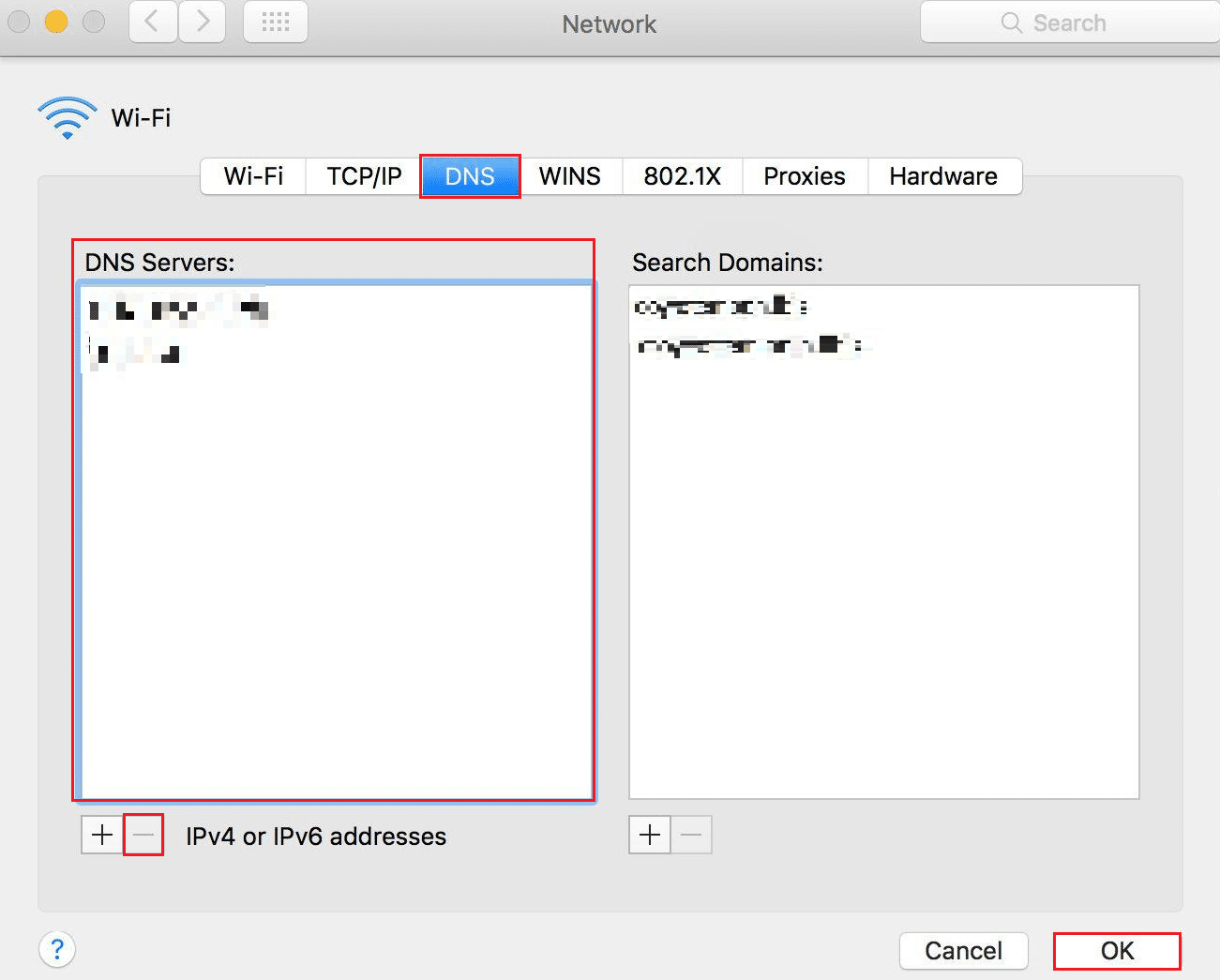 DNS Tab - Select current DNS Servers and click the minus (-) option - click OK