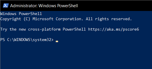 На экране под названием «Администратор Windows PowerShell» появится темно-синяя подсказка.