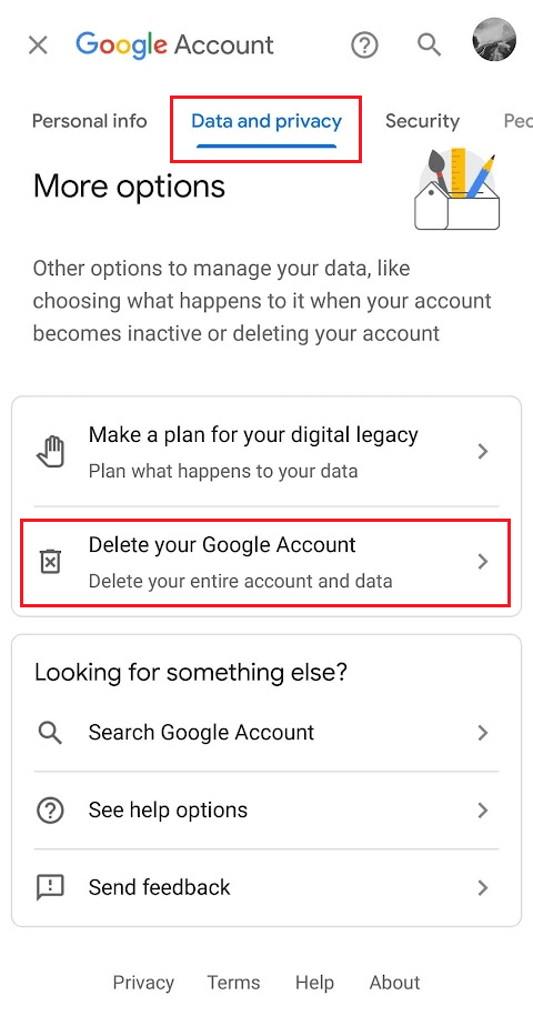 Data & privacy tab - Delete your Google Account