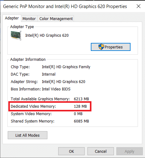 Dedicated Video Memory will also be displayed in the same window