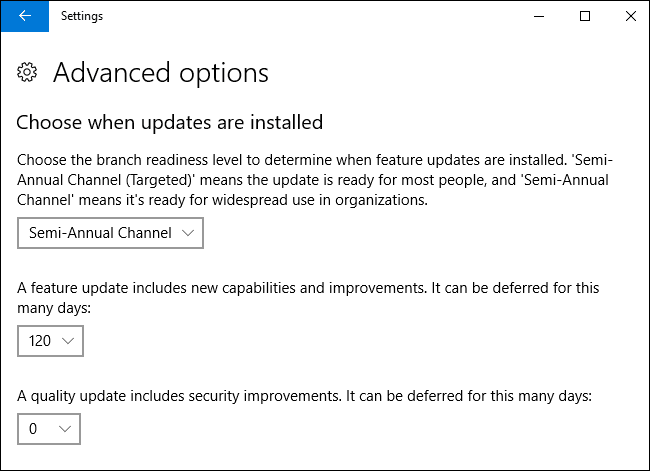 Defer Feature and Quality Updates in Windows 10 Settings