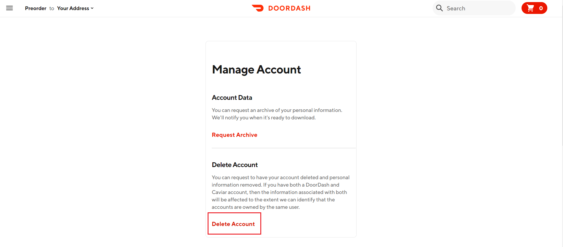 Delete Account in DoorDash Manage Account Page