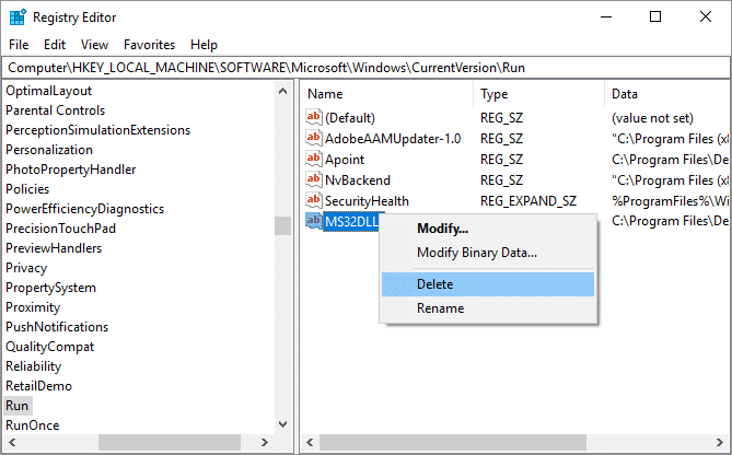 Delete MS32DLL from Run Registry Key