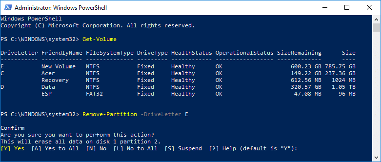 Delete a Volume or Drive Partition in PowerShell Remove-Partition -DriveLetter
