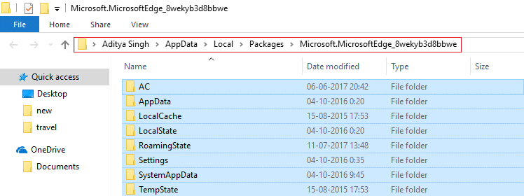 Delete everything inside Microsoft.MicrosoftEdge_8wekyb3d8bbwe folder