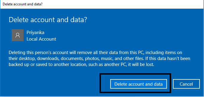 Excluir a conta desta pessoa removerá todos os seus dados deste PC.