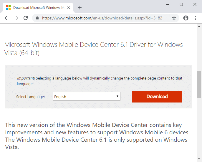 Depending on your system type, download the Microsoft Mobile Device Center