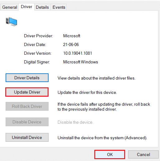 Device Driver Properties then, Update Driver