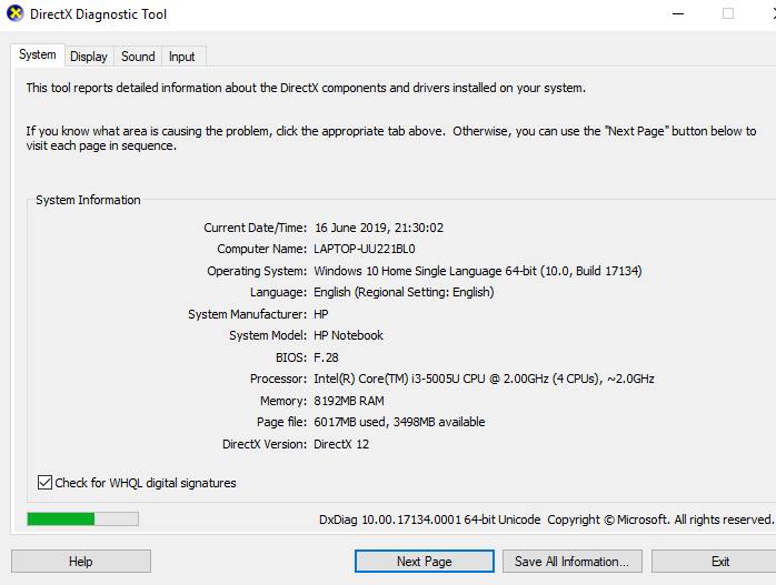 DirectX diagnostic tool dialog box will open up