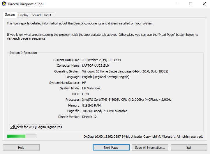 DirectX diagnostic tool will open up
