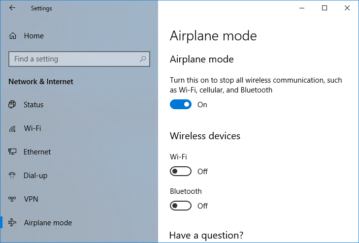تعطيل وضع الطائرة في إعدادات Windows 10