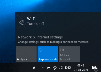 Disable Airplane Mode using Network Icon