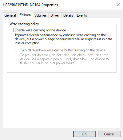 Отключить кэширование записи на диск в Windows 10