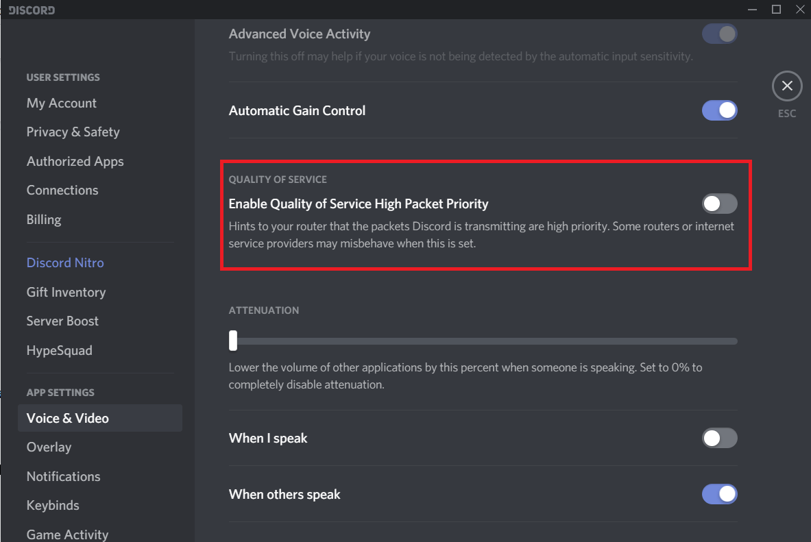 Disable Quality of Service High Packet Priority in the Voice & Video settings | Fix Discord Mic Not Working