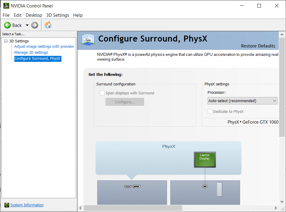Konfigurēt Surround, PhysX