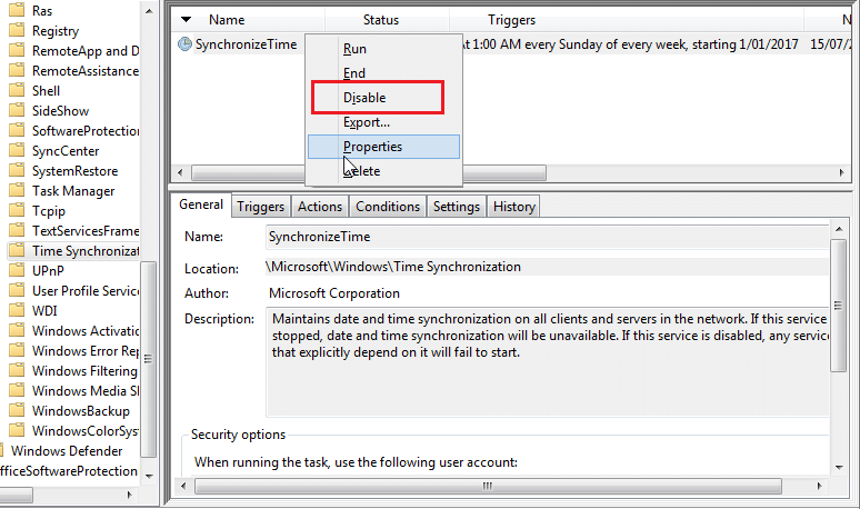 Disable Time Synchronization in Task Scheduler