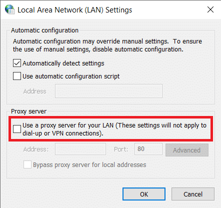 Disable Use a proxy server for your LAN option by unticking the box next to it. Click on OK
