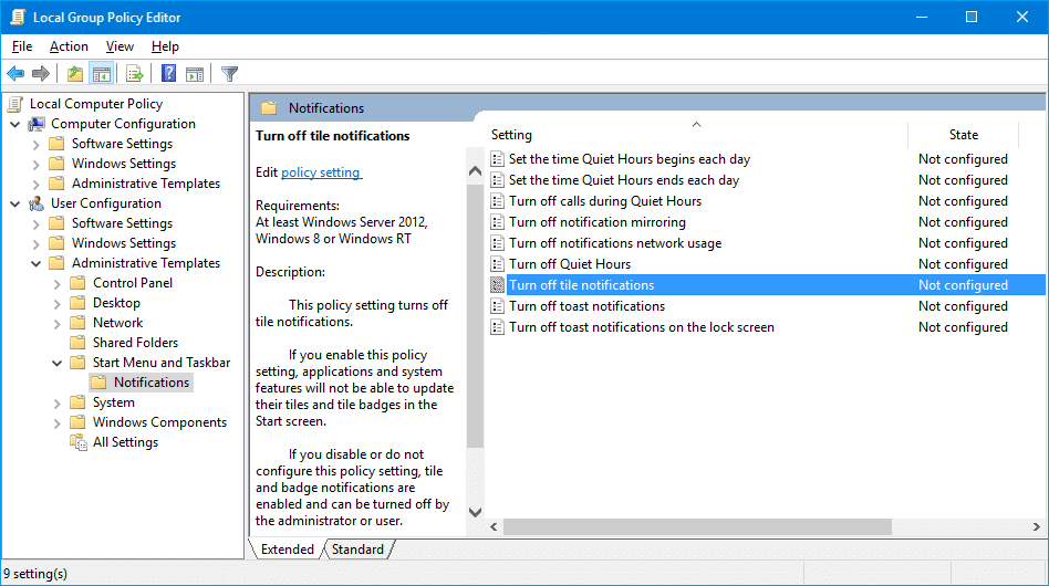 Windows 10 အကွက် အသိပေးချက်များကို ပိတ်ပါ။