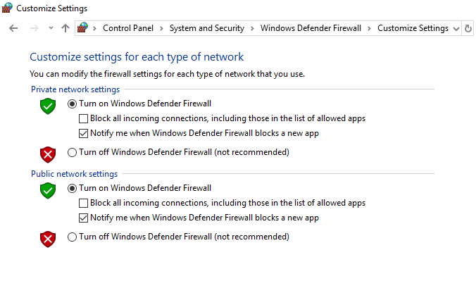 Disable Windows Defender Firewall for Private & Public network settings screen will appear