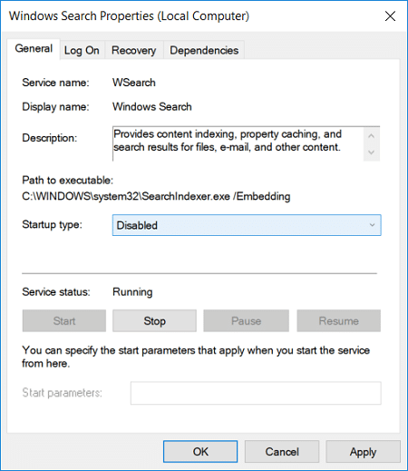 Disable Windows Search in service.msc window