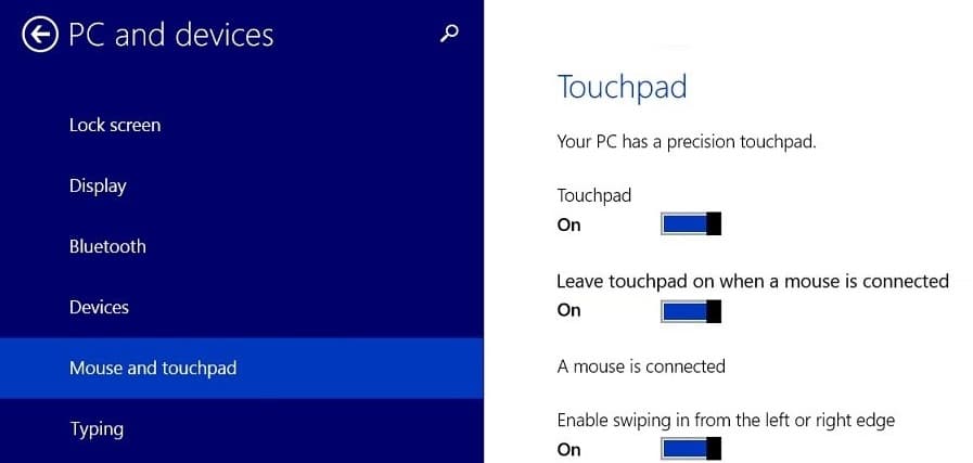 Disable or turn off the toggle for Leave touchpad on when a mouse is connected