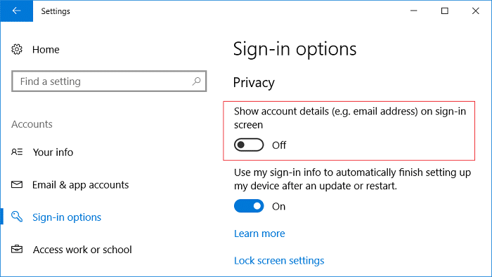 Disable the toggle for Show account details (e.g. email address) on sign-in screen