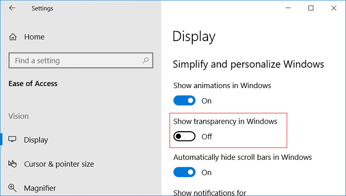 Disable the toggle for Show transparency in Windows | Enable or Disable Transparency Effects in Windows 10