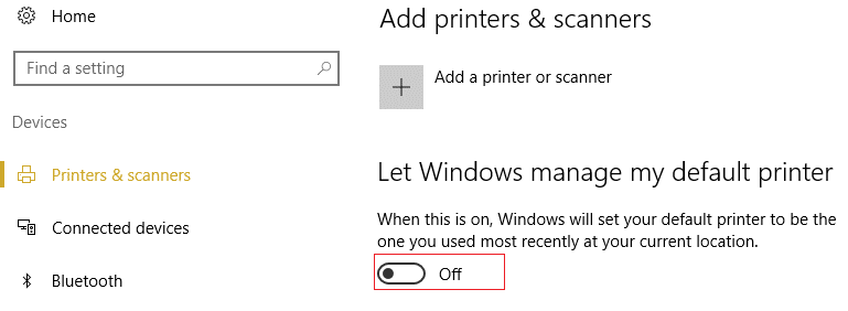Disable the toggle under Let Windows manage my default printer setting