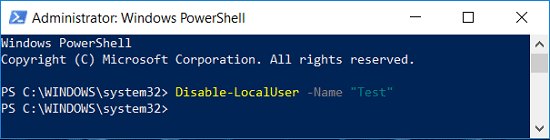 Disable the user account in PowerShell | Enable or Disable User Accounts in Windows 10