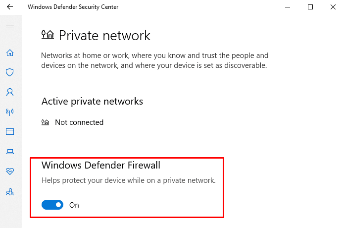 Disable toggle under Windows Denfender Firewall
