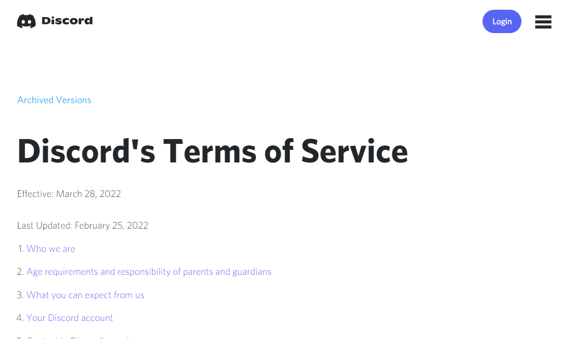 Discord Terms and Conditions page