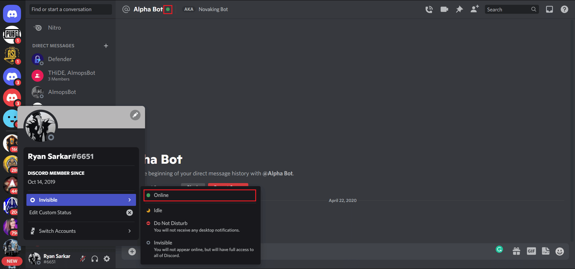 Discord gives you four options regarding your activity status. This can be viewed by anyone who searches your name or tag ID