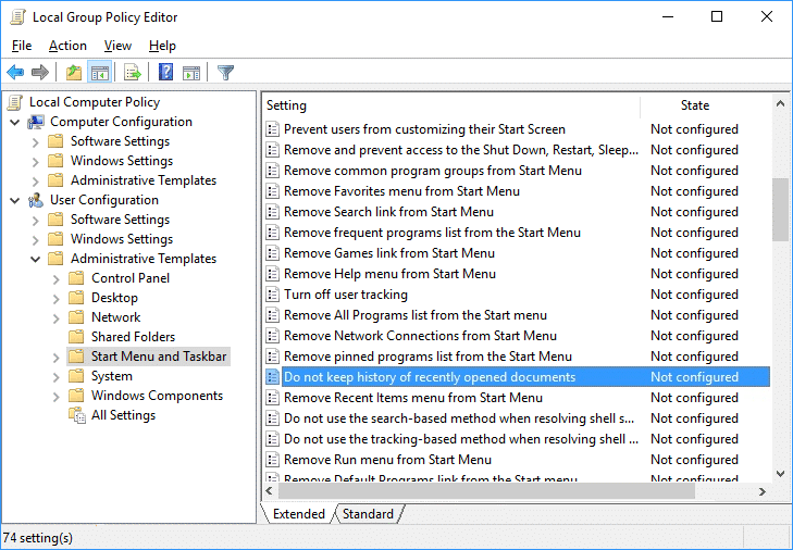 Do not keep history of recently opened documents policy in Gpedit | Turn Off Recent Items and Frequent Places in Windows 10