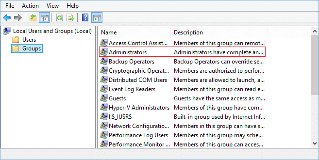 Double click on Administrators under Groups in lusrmgr