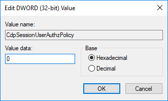 Double-click on CdpSessionUserAuthzPolicy DWORD then change it's value to 0