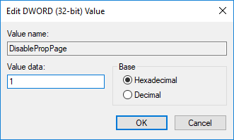 Double-click on DisablePropPage DWORD then change it's value to 1