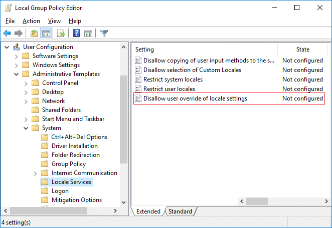 Double-click on Disallow user override of locale settings policy