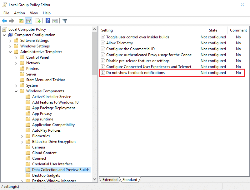 Double-click on Do not show feedback notifications policy in Gpedit