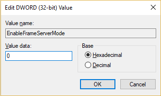 Double click on EnableFrameServerMode and change it's value to 0
