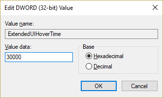 Double click on ExtendedUIHoverTime and change its value to 30000