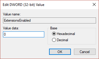 Double click on ExtensionsEnabled & set it's value to 0 in value data field