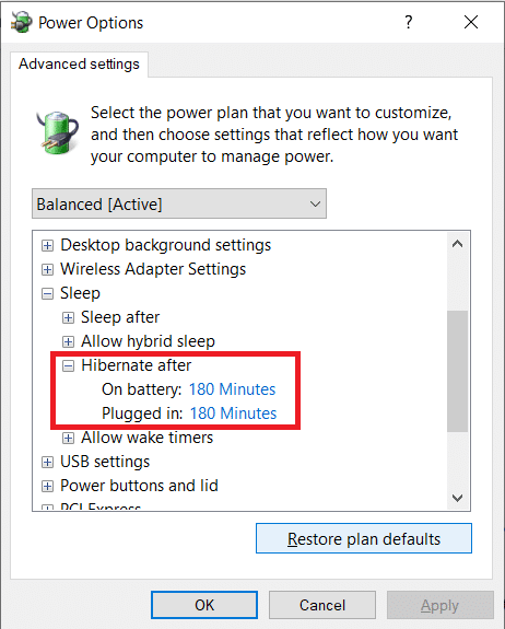 Double-click on Hibernate after and set the Settings (Minutes)