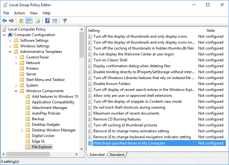 Double-click on Hide these specified drives in My Computer policy