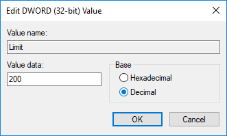 Double-click on Limit DWORD then select Decimal under Base