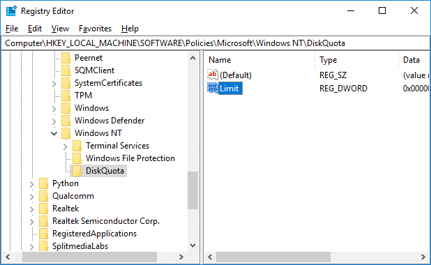 Double-click on Limit DWORD under Disk Quota Registry key