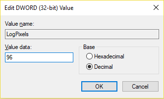 Double click on LogPixels key and then select Decimal under base and enter the value