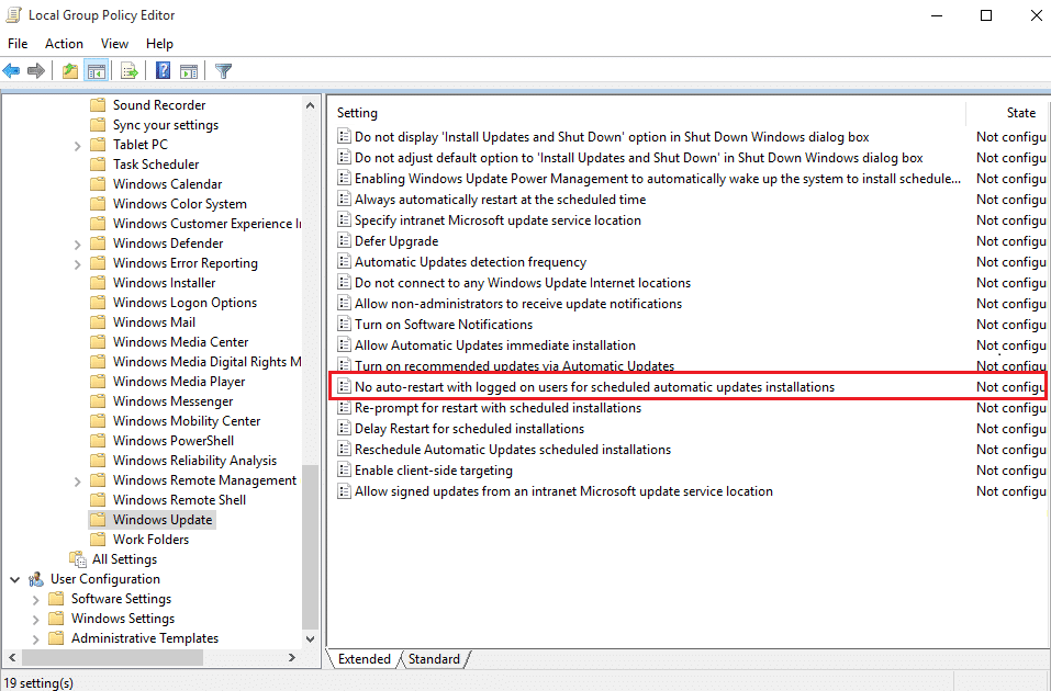 Double-click on No auto-restart with logged on users for scheduled automatic updates installations